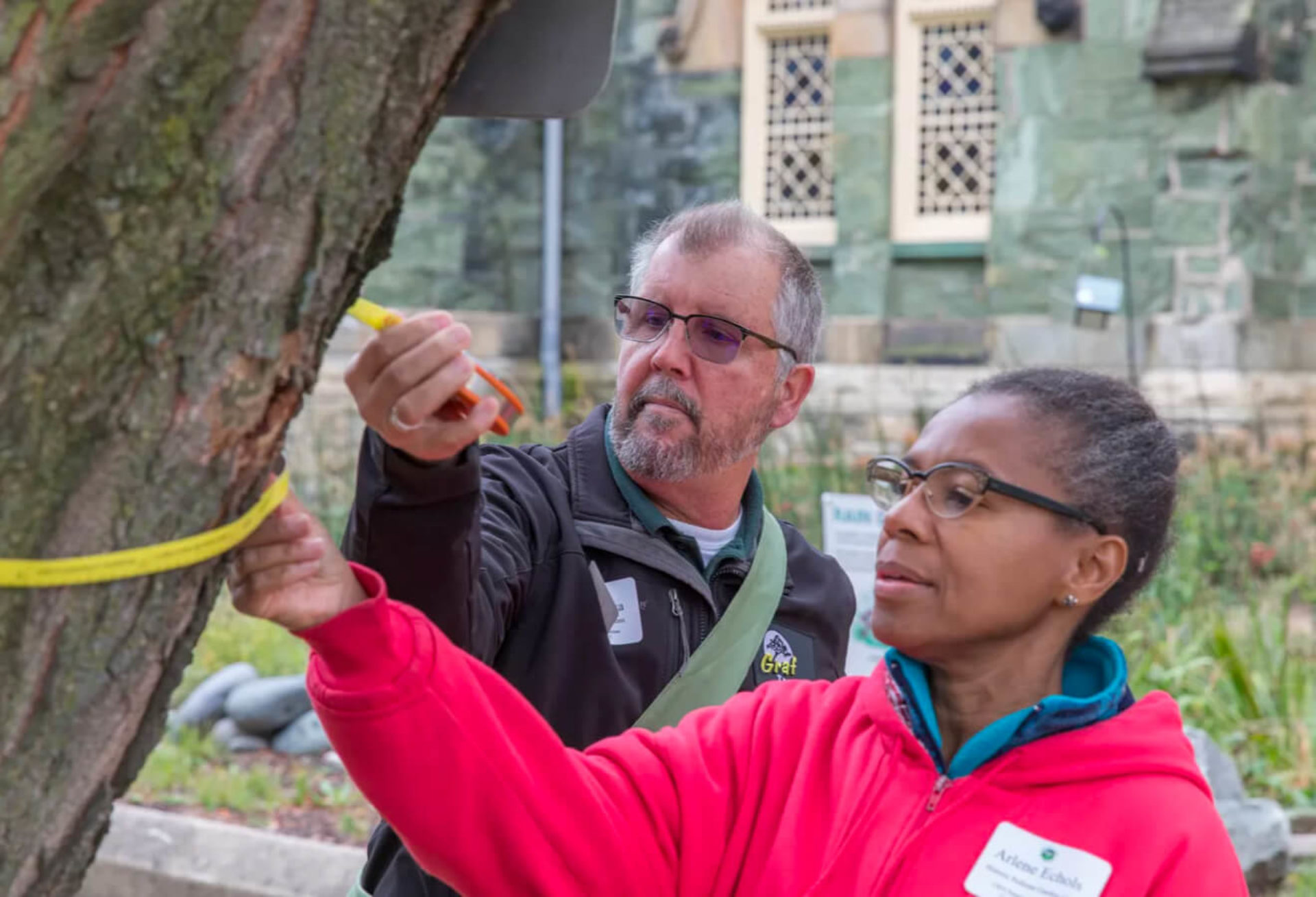 Community members taking measurements of neighborhood trees