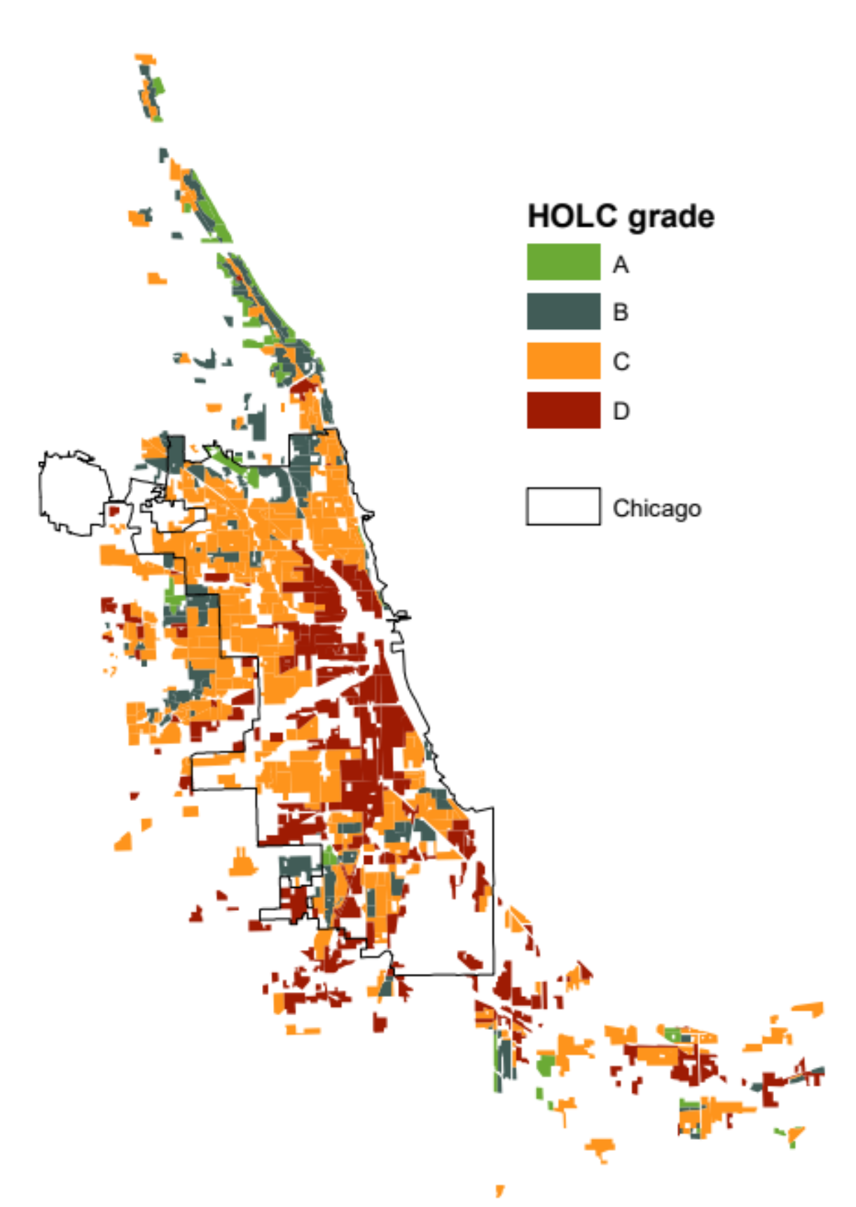 Figure 1 - HOLC grading of Chicago neighborhoods
